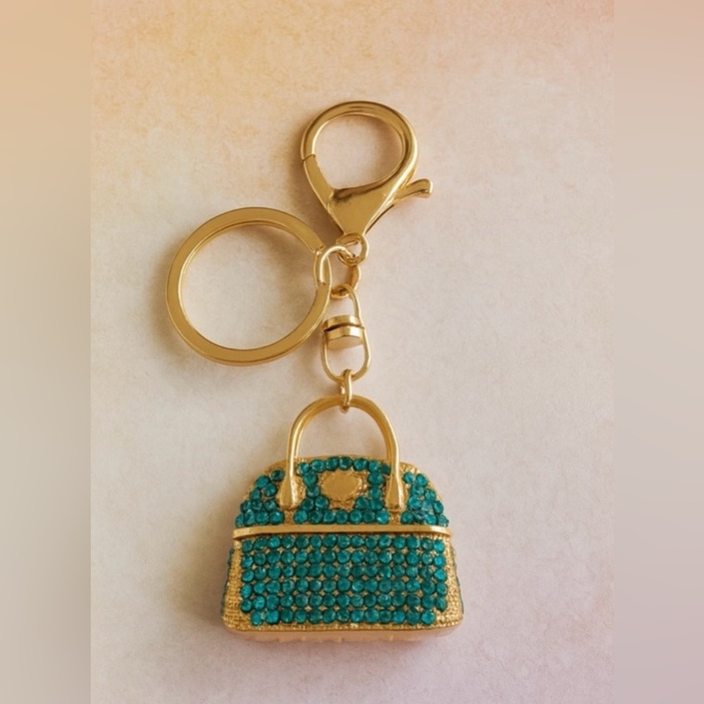 Bag Charm Keychain - Purse Keychain Bag Charm, Gold Tone with Teal Rhinestones